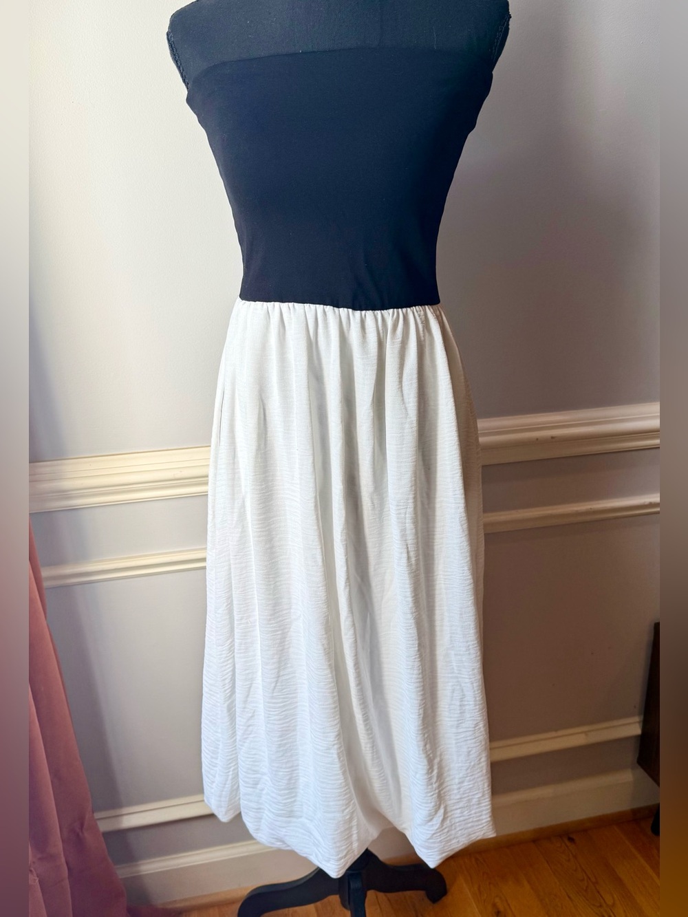 21 Saints Strapless Drop Waist Bubble Midi Dress Black White Size M